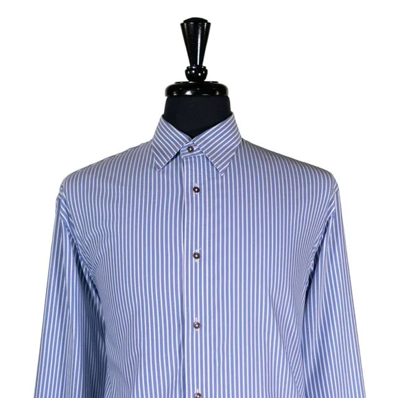 Mens Shirt Button Up Blue White Striped Silky Dress Casual Beach Handmade Large - Picture 3 of 7